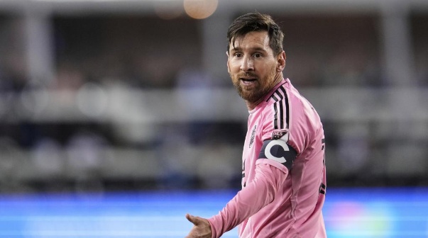Inter Miami midfielder Lionel Messi reacts during the first half of an MLS soccer match against the San Jose Earthquakes, Wednesday, May 14, 2025, in San Jose, Calif. (AP Photo/Godofredo A. Vásquez)