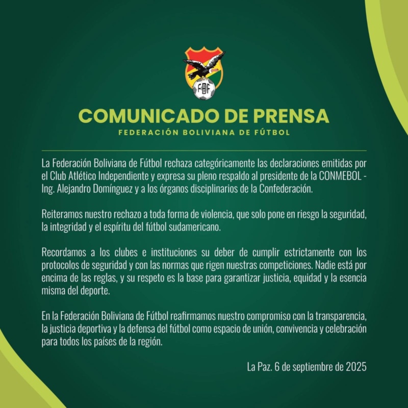 &nbsp;Bolivia repudió el descargo de Independiente a Conmebol