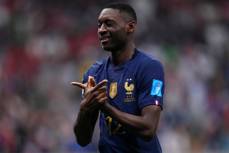 France's Randal Kolo Muani celebrates scoring his side's second goal during the World Cup semifinal soccer match between France and Morocco at the Al Bayt Stadium in Al Khor, Qatar, Wednesday, Dec. 14, 2022. (AP Photo/Manu Fernandez)